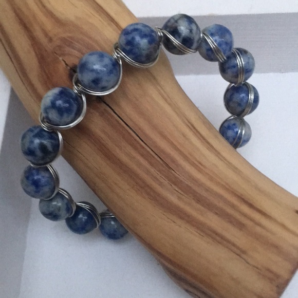 Handcrafted Blue Sodalite Gemstone Bead Silver Tone Wire Wrapped Bracelet - Picture 1 of 5